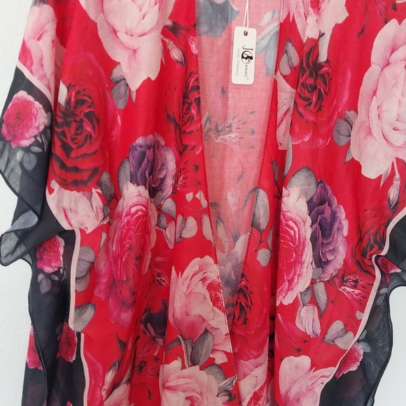JC Sunny Red and Pink Rose Print Swim Cover Up Loungewear NWT - Picture 6 of 8